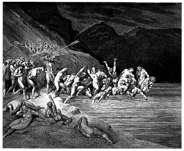 gustave-dores-illustration-to-dantes-inferno-plate-x-canto-iii-charon-herds-the-sinners-onto-his-boat-charon-the-demon-with-eyes-of-glede-beckoning