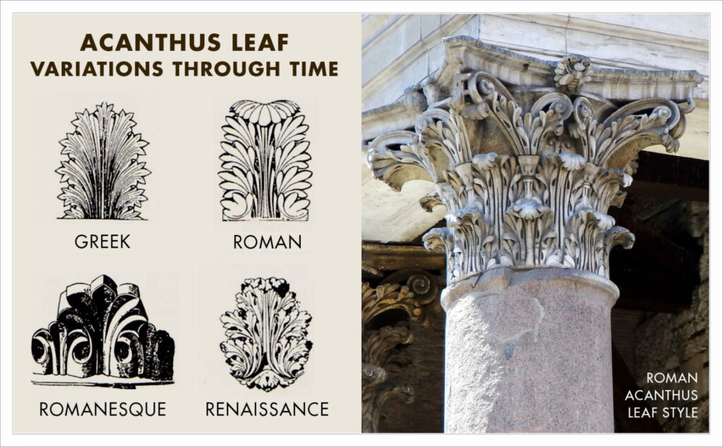 Akantus bitkisinin yaprakları, mimari başta olmak üzere birçok süsleme sanatında kullanılmıştır. Bu motif, başta Roma ve Bizans sanatı olmak üzere sanat tarihinde pek çok uygarlık sanatında karşımıza çıkmaktadır. 

