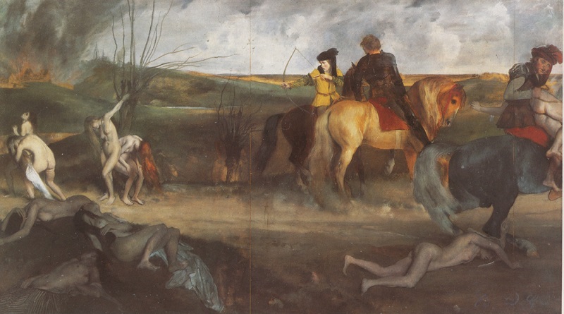Orta Çağ’da Savaş Sahnesi, 1865'te Salon'da sergilenmiştir. Bu eser Degas'nın şiddeti açıkça resmettiği tek eserdir. Eser, talan ve tecavüz sahnesi olarak betimlense de konusu tam olarak bilinmemektedir.