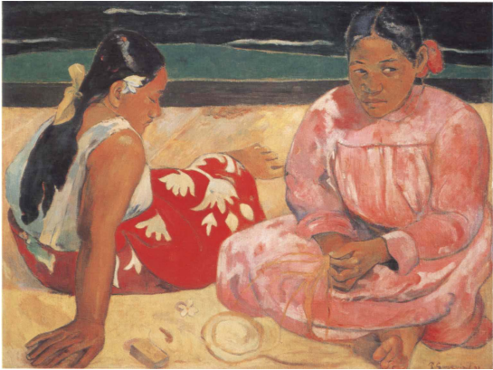 Paul Gauguin Tahiti'de yaşadığı dönemde, bölge halkını çok iyi gözlemleyerek bu anlayışa uygun eserler yapmıştır. Ünlü eserlerinden biri de 1891'de yaptığı Tahitili Kadınlar Plajda'dır. Kompozisyonuyla dikkat çeken eser,  On dokuzuncu yüzyıl resimlerinin geleneksel standartlarına göre, çok az örtüşen iki figür sanki yakından gözlemlenmiş gibidir. 